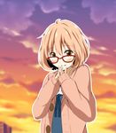  blonde_hair blush cardigan glasses kuriyama_mirai kyoukai_no_kanata open_mouth red-framed_eyewear short_hair smile solo yellow_eyes 