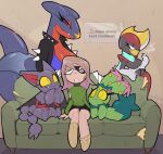 anthro big_breasts bisharp breasts cigarette clothing curvy_figure cute_fangs elemental_creature english_text eye_patch eye_scar eyelashes eyeshadow eyewear facial_scar fangs female female_anthro female_human flora_fauna furniture garchomp generation_4_pokemon generation_5_pokemon gliscor group hi_res holding_cigarette holding_object human humanoid long_tail makeup mammal maractus mascara nelljoestar nintendo non-mammal_breasts on_sofa pincers plant pokemon pokemon_(species) purple_body scalie scar sitting sitting_on_sofa smoking smoking_cigarette sofa sweater tail teeth text thick_tail topwear turtleneck wide_hips wounded yellow_eyes