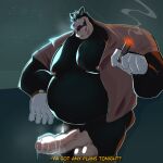 1:1 absurd_res anthro balls belly big_penis black_body buccaner98 cigar clothed clothing domestic_cat felid feline felis genitals hi_res male mammal nipples open_clothing open_shirt open_topwear overweight overweight_anthro overweight_male penis pete_(disney) shirt smoke solo topwear