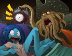 alarm_clock anthro aquatic arthropod bed bedding blanket bleedman blue_body blue_skin cephalopod clock coleoid crossover crustacean davey_jones decapodiform digital_media_(artwork) disney dreamworks female furniture kraken male mollusk pirates_of_the_caribbean ruby_gillman ruby_gillman_teenage_kraken scared