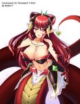  bangs blush bra breasts butter-t choker claws cleavage hair_ornament hand_behind_head jewelry lamia large_breasts long_hair looking_at_viewer midriff monster_girl navel original pointy_ears red_eyes red_hair scales sidelocks simple_background smile solo text_focus underwear 