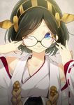  adjusting_eyewear bare_shoulders black_hair blue_eyes blush detached_sleeves glasses hairband japanese_clothes kantai_collection kirishima_(kantai_collection) nilitsu one_eye_closed ribbon-trimmed_sleeves ribbon_trim short_hair smile solo 