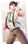  backlighting blue_eyes brown_hair eyebrows jojo_no_kimyou_na_bouken joseph_joestar_(young) kuren male_focus muscle necktie pointing pointing_at_viewer simple_background solo suspenders thick_eyebrows 