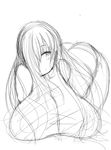  1girl bent_over breast_rest breasts female hair_over_one_eye highres huge_breasts long_hair monochrome original simple_background sketch solo tensai427 white_background 