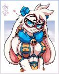 2025 angela_flux anthro atlyss bell big_breasts blue_eyes blush breasts dated eyelashes eyewear female fur glasses half-length_portrait heart_symbol hi_res jingle_bell joakaha kubold_(atlyss) long_ears looking_at_viewer midriff nipple_outline portrait simple_background solo wearing_glasses white_background white_body white_fur