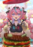  1girl animal_ears bandaid_on_horn bell bell_earrings blush braid breasts commentary cow_ears cow_girl cow_horns cow_tail cowbell earrings genshin_impact hair_intakes hairband highres horns jewelry long_hair looking_at_viewer midriff multicolored_hair multicolored_hairband navel open_mouth pink_hair pink_tail purple_eyes solo stomach streaked_hair tail tokisake_masoho twin_braids varesa_(genshin_impact) white_horns yellow_sleeves 