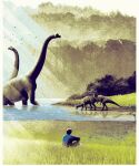 alan_grant blue_clothing blue_shirt blue_topwear clothing dinosaur diplodocid diplodocoid diplodocus drinking female grass group hadrosaurid human jurassic_park light male mammal matt_ferguson ornithischian ornithopod parasaurolophus plant prehistoric_species reptile sam_neill saurischian sauropod sauropodomorph scalie shirt sunlight topwear universal_studios water