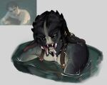 absurd_res alien alien_humanoid black_eyes colored furgonomic_jewelry furgonomic_piercing furgonomics hi_res humanoid leafjuly looking_at_viewer male mandibles not_furry nude partially_submerged piercing predator_(franchise) pseudo_hair simple_background solo tentacle_hair tentacle_jewelry tentacle_ring tentacles water wet wet_body yautja