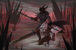 3:2 anthro armor armored_boots black_body black_fur black_hair clothing duo felid feline fur gauntlets gloves hair handwear hi_res hybrid kandkaru lynx male male/male mammal melee_weapon multicolored_body multicolored_fur polearm spear sword weapon white_body white_fur white_hair