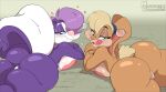absurd_res anthro big_breasts big_butt black_border blonde_hair border breast_squish breasts butt crossover duo female fifi_la_fume genitals glistening glistening_breasts glistening_butt hair hair_over_eye hi_res huge_breasts huge_butt lagomorph leporid licking licking_lips lola_bunny looking_back looney_tunes mammal mephitid moisesgrafic naughty_face purple_body rabbit skunk smile squish thick_thighs tiny_toon_adventures tongue tongue_out vulva warner_brothers wide_hips