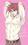  abs arms_behind_head blue_eyes brown_hair eyebrows groin jojo_no_kimyou_na_bouken joseph_joestar_(young) kuren looking_at_viewer male_focus muscle navel nipples one_eye_closed pectorals shirt_lift shirtless solo thick_eyebrows 