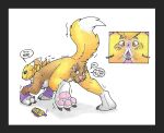 3_fingers 3_toes all_fours anthro anus anus_transformation ass_up bandai_namco begging black_sclera body_part_transformation border brown_body brown_fur butt_transformation claws conjoined danwolf15 digimon digimon_(species) digivice english_text feet female finger_claws fingers fur gender_transformation genitals grey_background grey_border hand_feet handpaw implied_permanent loss_of_speech male male/female mammal mid_transformation mustelid otter pawpads paws pink_pawpads pushmi-pullyu renamon simple_background smug_face solo tan_body tan_fur text toe_claws toes tongue tongue_out transformation transformation_sequence upside_down_transformation vulva vulva_transformation whiskers white_background white_body white_fur worried yellow_body yellow_fur