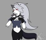 2019 animal_ears anthro biped black_clothing black_nose black_shirt black_topwear bottomwear breasts canid canid_demon canine cleavage clothed clothing collar colored crop_top demon digital_drawing_(artwork) digital_media_(artwork) ear_piercing eyelashes female fingerless_gloves fur gloves grey_background grey_body grey_fur grey_hair hair half-length_portrait hands_to_chest handwear hellaverse hellhound helluva_boss holding_collar holding_object kangwolf long_hair looking_away loona_(helluva_boss) mammal midriff multicolored_body multicolored_fur mythological_canine mythological_creature mythology navel off_shoulder open_mouth piercing portrait red_eyes shirt shorts simple_background solo spiked_collar spikes tail topwear torn_clothing two_tone_body two_tone_fur watermark white_body white_fur