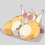1:1 absurd_res anthro areola armwear bandai_namco big_breasts big_butt bodily_fluids breasts bridal_gauntlets butt clothing digimon digimon_(species) disembodied_hand ejaculation female genital_fluids genitals heart_symbol hi_res huge_breasts huge_butt huge_hips huge_thighs human lying mammal montgomery_glands multicolored_body nipples nude on_back open_mouth pink_areola pink_nipples renamon solo theelegyofasoul thick_thighs two_tone_body vaginal_fluids vaginal_squirting vulva wide_hips