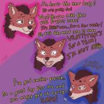 1:1 after_transformation angry anonymous_artist anthro braided_hair canid canine canis clothed clothing countershade_face countershading dialogue ear_piercing ethiopian_wolf front_view fur hair head_markings headshot_portrait hi_res inner_ear_fluff lgbt_pride lgbt_pride_month male mammal markings offscreen_character piercing portrait shess'kah shocked simple_background smile solo surprised text tuft