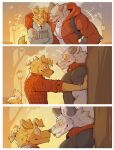 accessory aged_up anthro athletic athletic_male backpack bird_dog blush blush_lines book canid canine canis chest_tuft clock clothing comic detailed_background domestic_dog duo ear_piercing ear_ring electronics ellipsis embarrassed eyewear facial_scar facial_tuft fangs flannel fur glasses golden_retriever grey_body grey_fur hair hair_bun headphones hi_res hunting_dog jacket kabedon laugh male male/male mammal motion_lines muscular muscular_anthro muscular_male necktie nerd nose_touch piercing pinned pinned_to_tree pinned_to_wall retriever ring_piercing rolled_up_sleeves romantic romantic_couple scar shirt shy size_difference speech_bubble street_lamp student sweater tail tail_motion tailwag teeth time_skip tongue tongue_out top_knot topwear tuft undershirt watch wolf wolfanine wristwatch yellow_sclera zipper