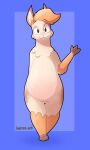 :3 absurd_res alpaca belly big_ears brown_eyes camelid cloven_hooves colored fur gesture hi_res hooves jaynoedotart male mammal olli_(braeburned) orange_body orange_fur pink_body pink_nose pink_skin shaded simple_background smile solo standing tilted waving white_body white_fur