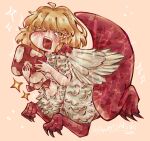 2026 3_toes 5_fingers arms_bent avian avian_taur blonde_hair blush brown_claws chibi claws colored_line_art delicious_in_dungeon digital_media_(artwork) digital_painting_(artwork) dragon dragon_taur duo elemental_creature falin_touden feathered_wings feathers feet feral fingers flowerchildvoid full-length_portrait fungi_fauna fungus hair hi_res holding_another humanoid_taur hybrid looking_at_viewer messy_hair mushroom mythological_creature mythological_scalie mythology one_eye_closed open_mouth painting_(artwork) portrait pose quadruped red_body red_scales scales scalie shaded short_hair short_tail signature simple_background soft_shading star_polygon tail tan_background tan_body tan_feathers tapering_tail taur teeth thick_tail toes tongue watermark wing_claws wings yellow_eyes