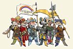 3:2 anthro belt belt_buckle belt_pouch buckle clothing ears_up eyes_closed flag flag_(object) fur group gun hair hat headgear headwear horn looking_aside looking_at_another male mawkvlt medieval melee_weapon open_mouth polearm ranged_weapon spear teeth teeth_showing tongue weapon