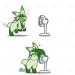 1:1 2026 2d_animation ambiguous_anthro ambiguous_gender animated animated_gif anthro blush bodily_fluids cheek_tuft claws dipstick_ears ear_markings electric_fan eyes_closed facial_tuft felid feline floragato frame_by_frame fur generation_9_pokemon gloves_(marking) green_body green_fur green_tail heart_symbol kemono leg_markings loop mammal markings multicolored_ears narrowed_eyes nintendo open_mouth open_smile oscillating_fan pokemon pokemon_(species) red_eyes short_playtime short_tail signature simple_background smile socks_(marking) solo sweat sweatdrop tail tail_motion tailwag tontaro tuft watermark white_background white_claws