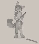 2026 absurd_res anthro areola arm_tuft armor bag bandage breasts broken_weapon canid canine casual_nudity cheek_tuft chest_tuft claws digital_media_(artwork) ear_tuft facial_tuft female fox frown fur genitals grey_fox hair hi_res holding_object holding_weapon inner_ear_fluff jewelry leather looking_at_object loose_feather mammal melee_weapon monochrome mostly_nude multicolored_body multicolored_fur navel nipples paws polearm shoulder_guards shoulder_tuft sierra-owo sierra_(sierra-owo) simple_background sketch small_breasts solo spear standing tail tribal tribal_jewelry tuft unconvincing_armor urocyon vulva weapon