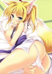 absurdres animal_ears anus ass bar_censor blonde_hair blue_eyes breasts censored dog_days finger_in_mouth fox_ears fox_tail futon highres large_breasts nipples panties panty_pull tail tatami tateha_(marvelous_grace) underwear white_panties yukikaze_panettone 