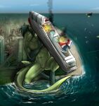 2014 aircraft animal_genitalia anthro aquatic building crouching explosion fish genital_slit genitals hair helicopter hi_res macro male nude sepiaflux shark solo vehicle water