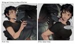 2_panel_comic absurd_res alien alien_humanoid bite bite_mark black_eyes black_hair clothed clothed/nude clothed_human clothing colored comic dialogue duo english_text face_lick female female_human female_on_humanoid forked_tongue green_tongue hair hi_res hug human human_on_humanoid humanoid interspecies leafjuly licking light_body light_skin male male_humanoid male_on_human mammal mandibles neck_bite not_furry nude nude_humanoid nude_male predator_(franchise) pseudo_hair sharp_teeth short_hair simple_background standing teeth tentacle_hair tentacles text tongue xenophilia yautja