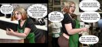 abdominal_bulge ambiguous_gender apple_inc. apron barnyardmistress big_breasts big_butt big_ears big_nose big_nostrils black_choker black_clothing black_jewelry black_necklace black_shirt black_topwear blonde_hair blue_eyes bodily_fluids bottomwear bovid bovine breasts brown_bottomwear brown_clothing brown_jeans brown_pants butt cattle choker clothing comic container cow_transformation cup demi_transformation denim denim_bottomwear denim_clothing dialogue digital_drawing_(artwork) digital_media_(artwork) electronics employee employee_uniform english_text erect_nipples female gradient_hair growth hair human humanoid jeans jewelry lactating lactating_through_clothing lips mammal milk mixed_media necklace nipple_outline nipples nose_expansion open_mouth orange_hair pants phone photo_background photography_(artwork) pink_tongue pointy_ears profanity red_lips sagging_breasts shirt short_hair slightly_chubby slightly_chubby_female solo species_transformation speech_bubble starbucks sweat sweatdrop sweaty_butt sweaty_face tail tail_growth talking_to_another teeth_showing text thought thought_bubble thoughts tongue topwear transformation transformation_sequence unavailable_at_source weight_gain wet wet_clothing