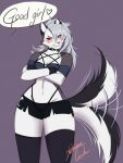2025 adrianne_cecile anthro bangs blush bottomwear breasts canid canid_demon canine clothing crossed_arms crotch_lines demon digital_media_(artwork) english_text eyelashes facial_tuft female fur good_girl grey_body grey_fur grey_hair hair hellaverse hellhound helluva_boss hi_res leggings legwear long_eyelashes loona_(helluva_boss) mammal motion_lines mythological_canine mythological_creature mythology navel red_sclera solo speech_bubble tail tail_motion tailwag text thick_thighs thong_straps topwear tuft white_body white_eyes white_fur
