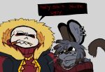 ambiguous_gender anthro big_ears big_pupils bone cabbitdork cigar clothing digital_drawing_(artwork) digital_media_(artwork) dipstick_hair duo ear_piercing ear_ring english_text fangs fur gold_(metal) gold_jewelry gold_necklace gold_tooth grey_body grey_fur grey_hair hair hi_res hoodie jewelry lagomorph long_tail looking_at_another mammal narrowed_eyes necklace piercing pupils red_eyes ring_piercing sans_(underfell) sharp_teeth short_hair simple_background skeleton slightly_chubby smoking smoking_cigar speech_bubble sweater tail teeth text topwear unnamed_character whisker_spots whiskers