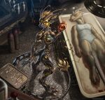 2024 alternative_fashion antennae_(anatomy) anthro breasts butt detailed_background digital_media_(artwork) duo english_text female gas_canister green_body hi_res holding_heart_(organ) kobold lambdakat lying machine medical_instrument nude on_back robot scalie scalpel scientific_instrument standing steampunk surgical_instrument tail text