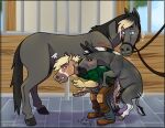 absurd_res amused annoyed anthro anthro_on_feral anus asinus assisted_exposure becoming_erect bestiality bucephalus caught_in_the_act clothing comic donkey equid equine erection farrier feral flaccid_to_erect from_behind_position group hi_res horse imminent_anal male male/male mammal mounting sex speech_bubble torn_clothing trio yamatopawa