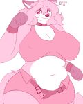 4:5 4_fingers absurd_res anthro belt big_breasts bottomwear breasts canid canine cleavage clothed clothing collar dipstick_ears ear_markings eyebrows female fingers fox fur gloves hair handwear happy hi_res hidenafox inner_ear_fluff looking_at_viewer mammal markings monochrome multicolored_body multicolored_ears multicolored_fur navel nipple_outline shirt shorts solo tail topwear tuft