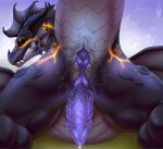 aetherios animal_genitalia anus belly black_body black_horn black_scales bodily_fluids butt dragon dripping feral firael genital_fluids genital_slit genitals glowing glowing_eyes glowing_markings grey_belly grey_body grey_scales hi_res horn looking_at_viewer male markings membrane_(anatomy) membranous_wings mythological_creature mythological_scalie mythology orange_eyes orange_markings penis precum presenting presenting_anus presenting_hindquarters purple_anus purple_penis quadruped raised_tail scales scalie simple_background smile smiling_at_viewer solo spread_legs spreading tail valdemar_fordragon wet wings