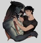 absurd_res alien alien_humanoid black_eyes black_hair clothed clothed/nude clothed_human clothing colored duo female female_human female_on_humanoid hair hand_on_hair hand_on_tentacle hi_res hug human human_on_humanoid humanoid interspecies leafjuly light_body light_skin male male/female male_humanoid male_on_human mammal mandibles muscular muscular_humanoid muscular_male not_furry nude nude_humanoid nude_male open_mouth predator_(franchise) pseudo_hair sharp_teeth shirt short_hair simple_background t-shirt teeth tentacle_hair tentacles topwear xenophilia yautja