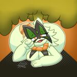 1:1 2024 absurd_res anthro big_butt breasts butt clothing diamond_(marking) digital_drawing_(artwork) digital_media_(artwork) eyelashes fangs fart fart_cloud fart_fetish female fur generation_9_pokemon green_body green_fur green_mask half-closed_eyes hand_on_head hat headgear headwear hi_res huge_butt lily_(puppetz) looking_at_viewer lying markings meowscarada narrowed_eyes nintendo on_front open_mouth orange_background orange_eyes orange_nose outline pokemon pokemon_(species) puppetz_(artist) short_tail signature simple_background smile solo sun_hat tail teeth white_outline