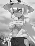 2022 3:4 absurd_res animal_humanoid arm_scar asian_clothing athletic athletic_female athletic_humanoid big_breasts blush blush_lines bottomwear breasts cat_humanoid chest_wraps cleavage clothed clothing cloud cone_hat digital_drawing_(artwork) digital_media_(artwork) east_asian_clothing eyelashes felid felid_humanoid feline feline_humanoid female focused glistening glistening_breasts grass greyscale hakama half-length_portrait hand_wraps hat headgear headwear hi_res holding_katana holding_melee_weapon holding_object holding_sword holding_weapon humanoid japanese_clothing katana kimono leaf leaf_in_mouth mammal mammal_humanoid melee_weapon midriff monochrome nadia_fortune narrowed_eyes navel neck_scar off_shoulder outside painting_fish plant portrait raining ronin scabbard scar shadowed_eyes sheathed_katana skullgirls sky solo standing straw_hat sword under_boob warrior weapon wet wet_body wet_skin wraps
