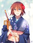  1girl 2019 arrow blue_eyes blush boar brown_hair character_request chinese_new_year dated floral_print flower hair_flower hair_ornament hairband japanese_clothes kimono looking_at_viewer muki_(mayuiki) new_year obi older outdoors sash short_hair signature smile snow solo wide_sleeves winter 