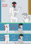 2spot_studio abs animate_inanimate annoyed anthro bed_sheet bedding beep bloody_bunny bloody_bunny_(series) comic cum_leaking_out dialogue doll duo english_text eyes_closed eyewear female fur genitals grey_body grey_nipples hand_holding hank_j._wimbleton hi_res horn lagomorph leporid living_doll madness_combat male male/female mammal mask nevadean_(madness_combat) nipples open_mouth open_smile otakon_(artist) rabbit red_eyes red_inner_ear red_nose smile sunglasses tail text vulva white_body white_fur yellow_eyes