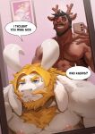 2026 2_horns abs anthro antlers armpit_hair asgore_dreemurr barazoku beard black_beard black_facial_hair black_hair black_mustache blonde_beard blonde_eyebrows blonde_facial_hair blonde_hair blue_eyes bodily_fluids body_hair bovid brown_body brown_fur caprine cellphone chest_hair deer deltarune dialogue digital_drawing_(artwork) digital_media_(artwork) duo e621_post_recursion electronics english_description english_text eyebrows facial_hair fur goat hair hi_res holding_cellphone holding_object holding_phone horn interspecies male male/male mammal mature_anthro mature_male mirror mirror_reflection mirror_selfie muscular muscular_anthro muscular_male mustache new_world_deer nipples nude_anthro nude_male pandarita phone pink_nipples question_mark red_nose reflection reindeer rudolph_holiday selfie smile speech_bubble sweat sweatdrop text undertale_(series) white_body white_fur