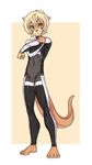  blonde_hair bodysuit brown_nose bulge caninelove green_eyes hair male mammal mustelid otter simple_background skinsuit solo 