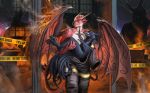 2023 anthro avian beak belt bird black_body bottomwear building clothing digital_media_(artwork) dragon duo english_text feathered_wings feathers feet fire firefighter glass hi_res holding_character horn lambdakat male membrane_(anatomy) membranous_wings mythological_creature mythological_scalie mythology open_mouth pants rath_(rath4444) red_body red_scales scales scalie shattered_glass tail talons text toes window wings