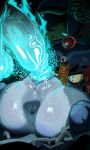 3:5 adora_(bloons) anthro anus balls bloons_tower_defense blue_eyes blue_penis butt chain clothing duo english_text female genitals glistening glistening_butt glistening_genitalia glistening_penis goatboydraws haplorhine hat headgear headwear hi_res mammal monkey ninja_kiwi ofuda penis plump_labia primate sauda_(bloons) speech_bubble talisman talking_to_another text vein veiny_penis vulva
