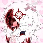 1:1 accessory andromorph anthro blood blood_in_hair blood_on_face bloodshot_eye blush blush_lines blush_stickers bodily_fluids border bow_ribbon chest_tuft collar crosshair distracting_watermark felid feline floppy_ears fur gore hair hair_accessory hair_bow hair_ribbon hand_to_face hi_res intersex lazy_eye mammal messy_hair pink_border preychan real_feral ribbons scar self-harm self-harm_scars shock_collar shy sketch solo tuft watermark white_body white_fur white_hair