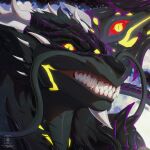 1:1 absurd_res anthro black_body black_hair cel_shading dragon fangs glowing glowing_eyes hair hi_res horn icon latex_body leo_(leoleu) male mythological_creature mythological_scalie mythology scales scalie seregore shaded smile smiling_at_viewer solo teeth teeth_showing tentacles