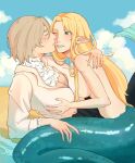 2026 5_fingers alternate_form alternate_species aquatic areola arm_support arms_bent beach big_breasts black_bottomwear black_clothing black_skirt blonde_hair blue_sky blush bottomwear breasts cel_shading clothed clothing cloud coat colored day delicious_in_dungeon digital_media_(artwork) duo eyes_closed falin_touden feathers female fin fingernails fingers glistening glistening_body green_eyes hair hand_on_breast hand_on_shoulder hand_on_tail happy hi_res holding_another humanoid humanoid_merfolk humanoid_pointy_ears line_art lips long_hair looking_at_another lying marcille_donato merfolk nails nude on_side one_eye_closed open_mouth pointy_ears sea shaded short_hair signature skirt sky split_form straight_hair tail tail_fin tan_body tan_skin teal_body teal_scales teeth topwear tsuketo water white_body white_clothing white_coat white_feathers white_topwear