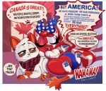 accessory ambiguous_gender american_flag blue_nose blue_pawpads boasting border bow_ribbon brown_sclera canadian_flag clothing crossed_arms dialogue domestic_cat duo english_text eyelashes eyes_closed fangs felid feline felis female feral footprint freckled_face freckles fur hair hair_accessory hair_bow hair_ribbon heart_symbol hi_res inner_ear_fluff looking_aside lying makeup mammal maple_leaf markings mascara multicolored_body multicolored_fur on_another on_front orange_eyes pattern_clothing pattern_scarf pawpads pawprint plaid plaid_clothing plaid_scarf polka_dots red_body red_fur red_hair ribbons scarf star_(marking) star_symbol striped_markings striped_tail stripes summurr_murrica tail tail_markings teeth text tuft united_states_of_america unknown_artist white_body white_border white_fur