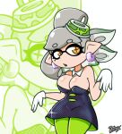 2026 animal_humanoid aquatic aquatic_humanoid black_clothing black_dress bottomwear breasts cel_shading cephalopod cephalopod_humanoid clothing colored digital_media_(artwork) dress ear_piercing eyebrows eyelashes female gloves green_bottomwear green_clothing green_hat green_headwear green_mouth green_pants grey_eyebrows grey_hair hair handwear hat headgear headwear hi_res humanoid humanoid_pointy_ears inkling marie_(splatoon) markings mole_(marking) mollusk mollusk_humanoid nintendo open_mouth pants piercing pointy_ears portrait pseudo_hair shaded signature simple_background solo splatoon tan_body tan_ears tan_skin tentacle_hair tentacles thesodaaddict three-quarter_portrait three-quarter_view white_background white_clothing white_gloves white_handwear yellow_eyes