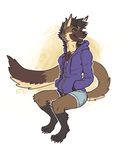  baroque black_hair black_nose black_sclera blue_eyes brown_fur buyobutt canine chest_tuft clothing fur hair hoodie hoody invalid_tag male mammal maned_wolf shorts sitting solo tuft wolf 